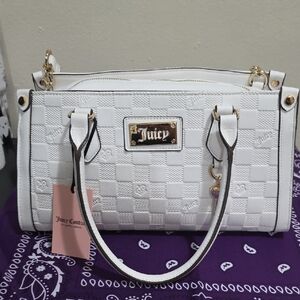 Juicy Couture White Embossed Checker Satchel with Gold Hardware